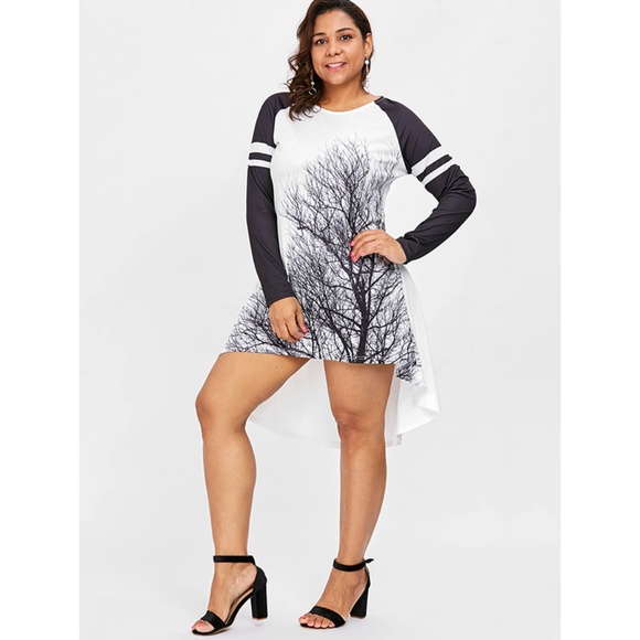 Plus Size Black & White Tree Print High Low Dress - Picture 3 of 8
